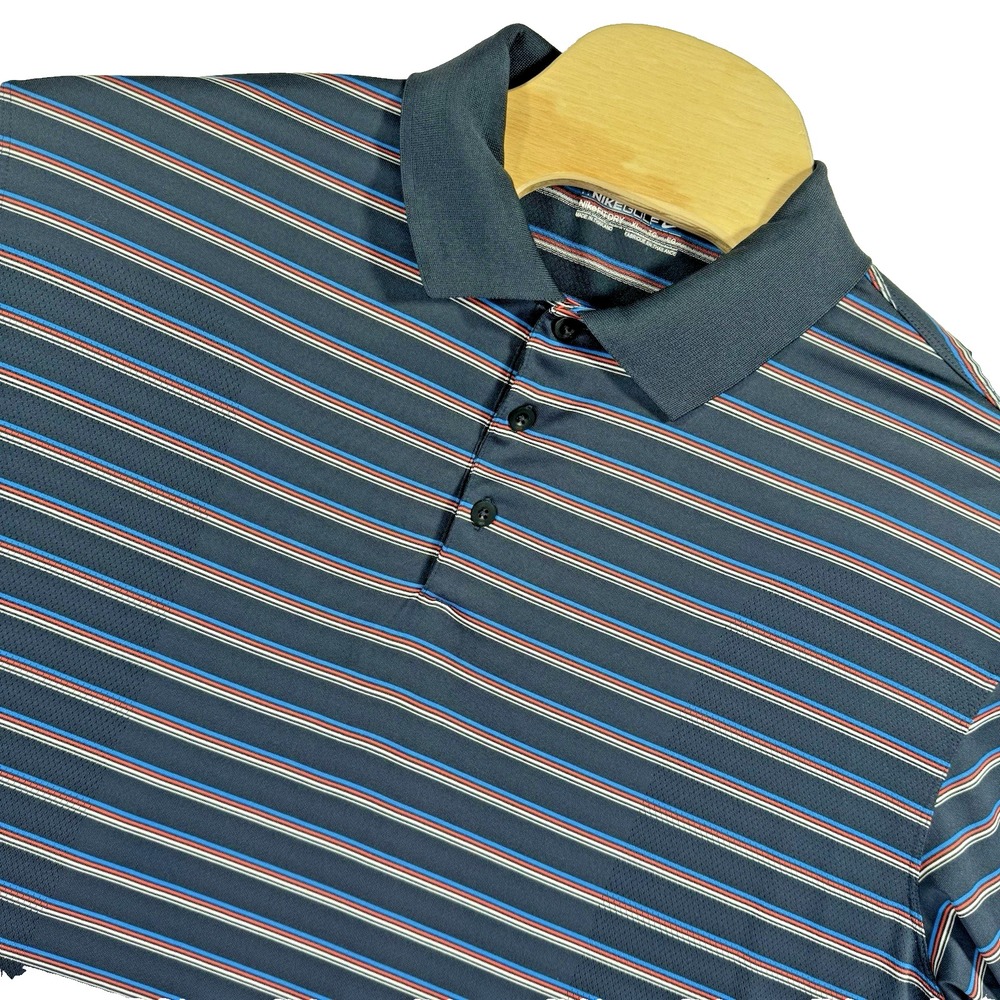 Nike Golf‎ Dri Fit Golf Polo Shirt Mens XL Navy Blue Striped Performance Logo